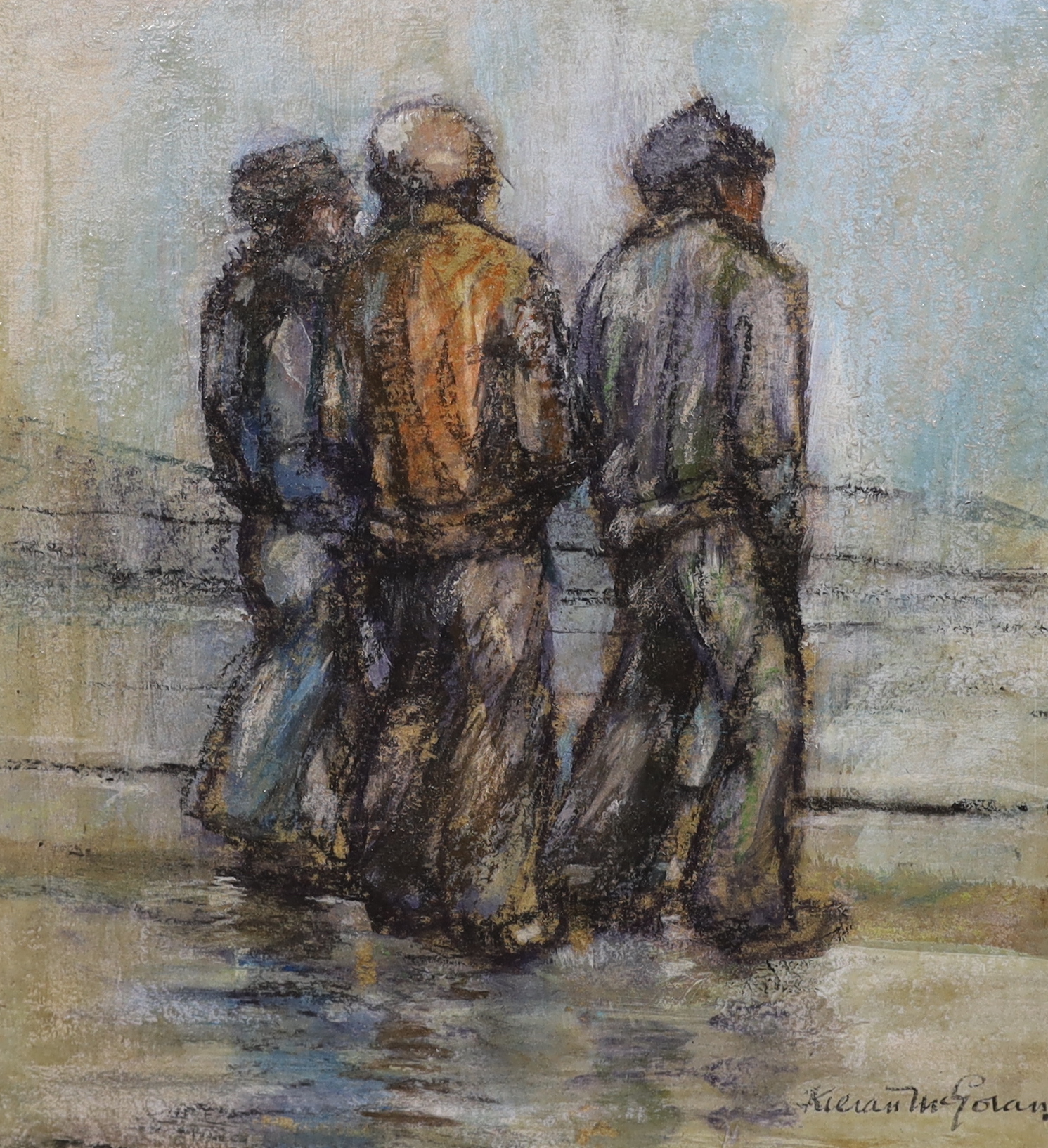 Kieran McGoran (1932-1990), mixed media, Fishermen on the shore, signed, 31 x 28cm